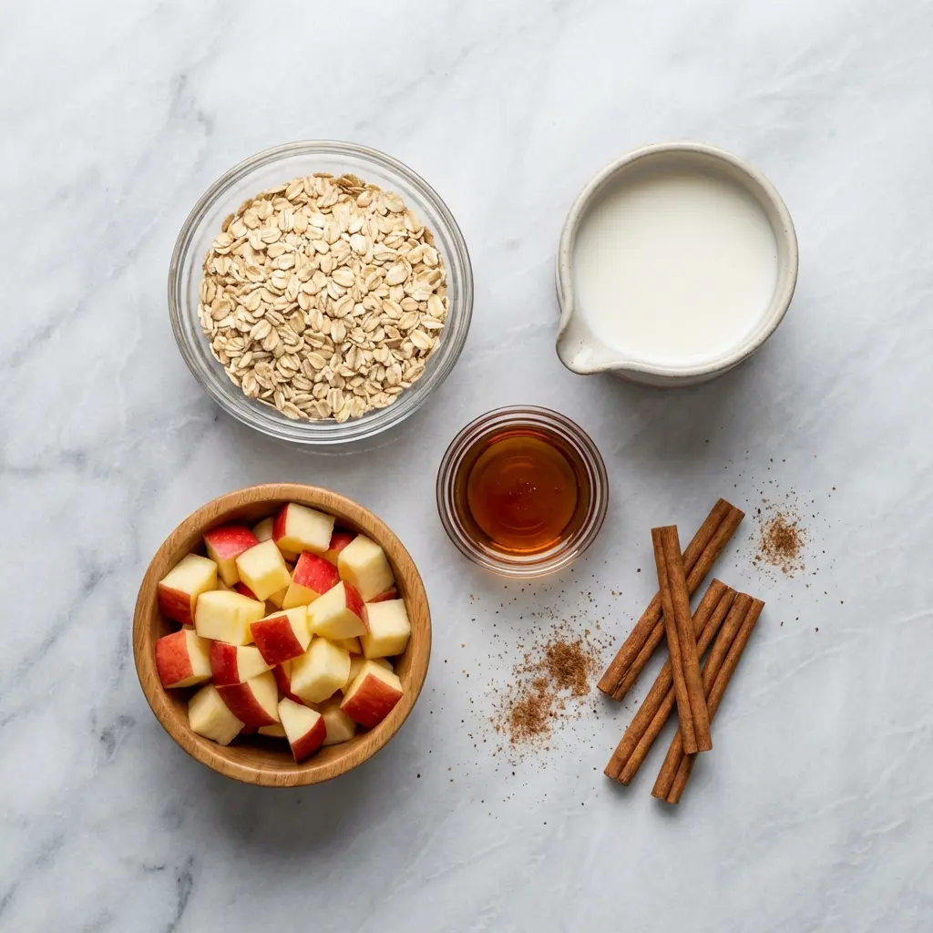 Ingredients for apple cinnamon oatmeal, including rolled oats, a diced apple, milk, and spices, arranged on a marble surface.