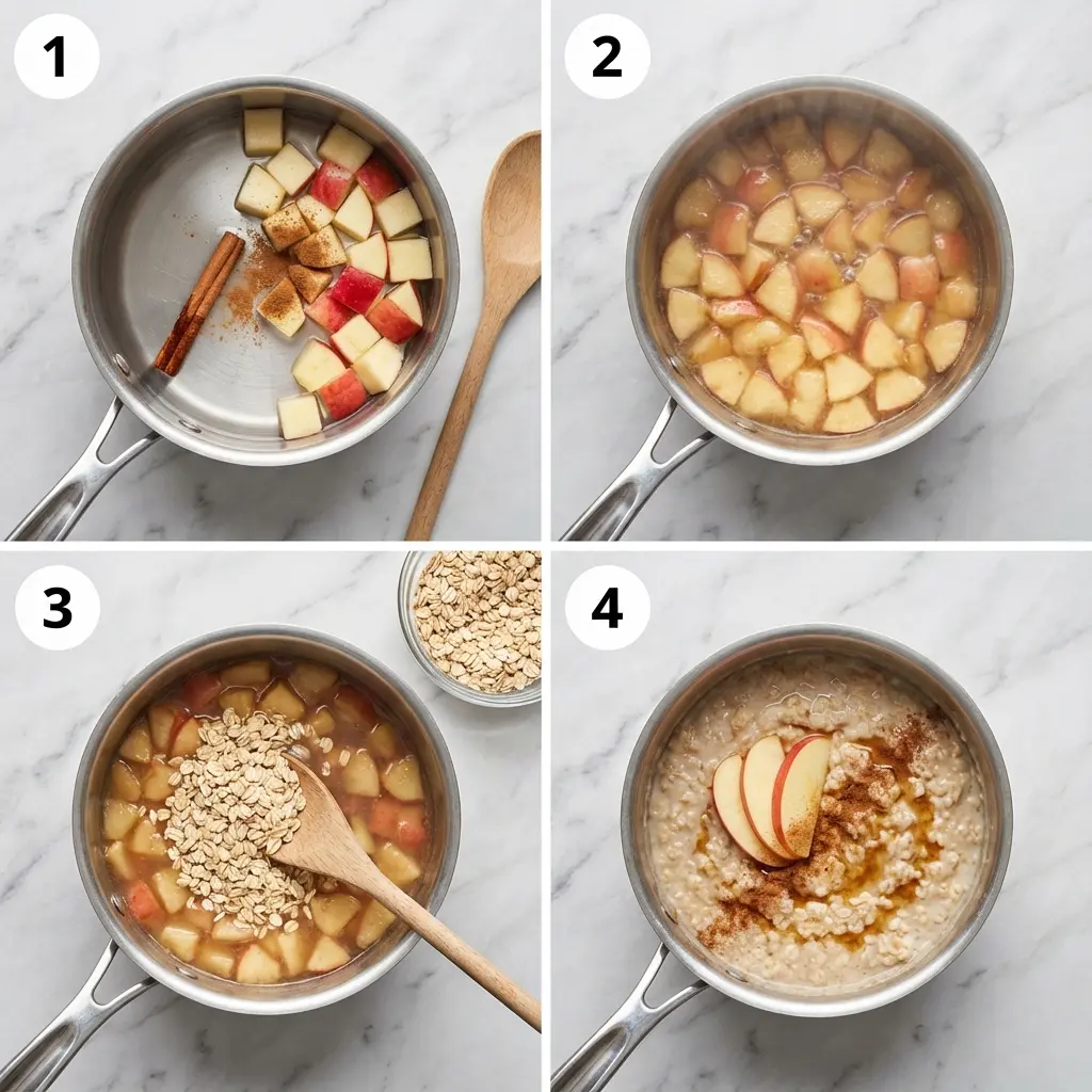 A four-panel image showing the steps to make apple cinnamon oatmeal on the stovetop.