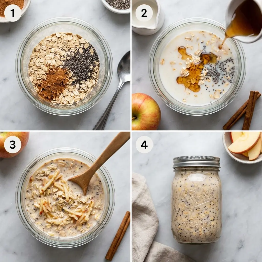 A four-panel image showing the steps to make apple cinnamon overnight oats, from combining ingredients to chilling.