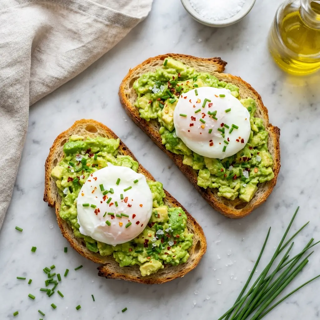 An overhead view of two plates of avocado toast with poached eggs and seasonings.