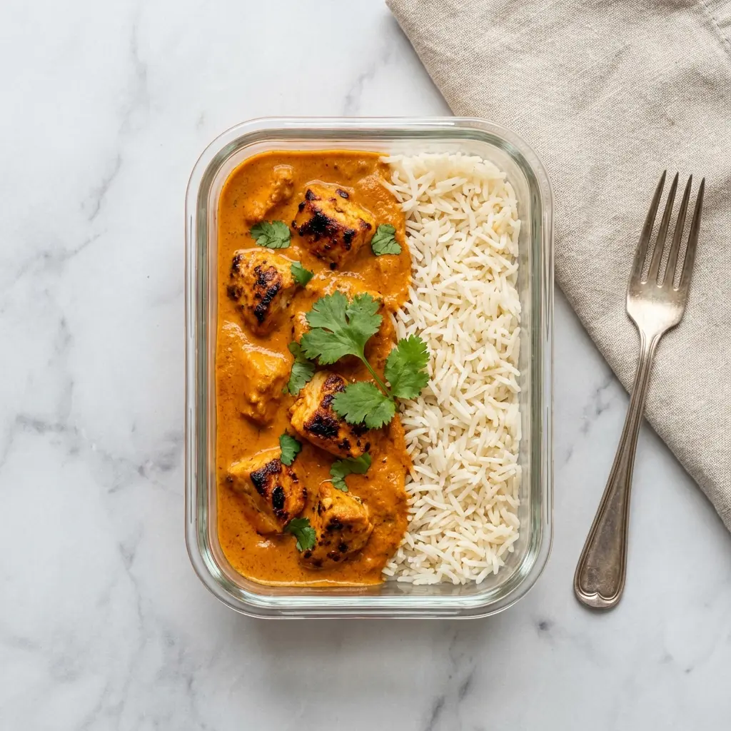 An overhead flat lay of a chicken tikka masala meal prep container with rice and a garnish of cilantro.
