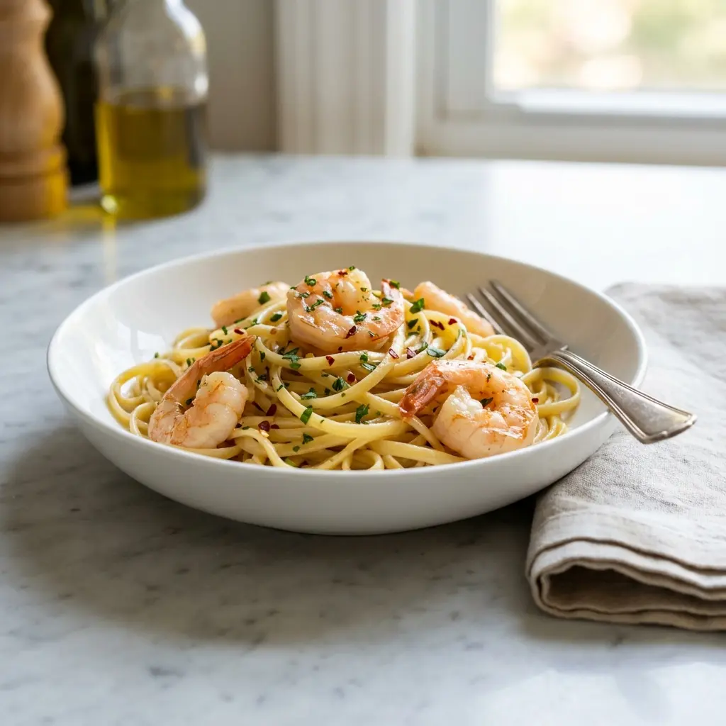A close-up shot of a bowl of garlic butter shrimp pasta, garnished with fresh parsley.