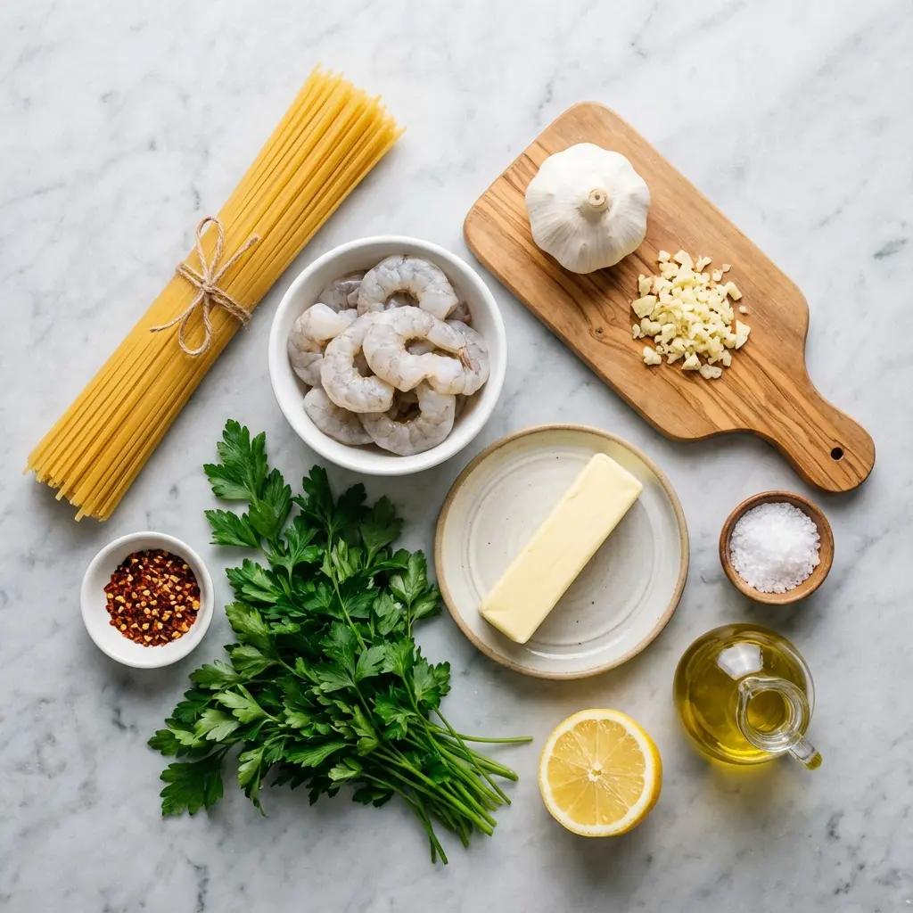 Ingredients for garlic butter shrimp pasta, including shrimp, linguine, garlic, and parsley, arranged on a marble surface.