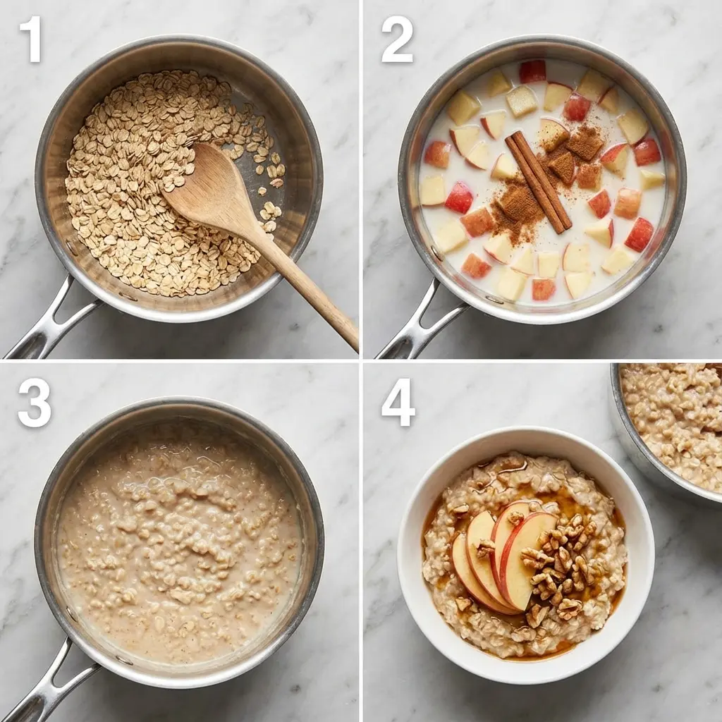 A four-panel image showing the steps to make healthy apple cinnamon oatmeal, from toasting the oats to the final cooked dish.
