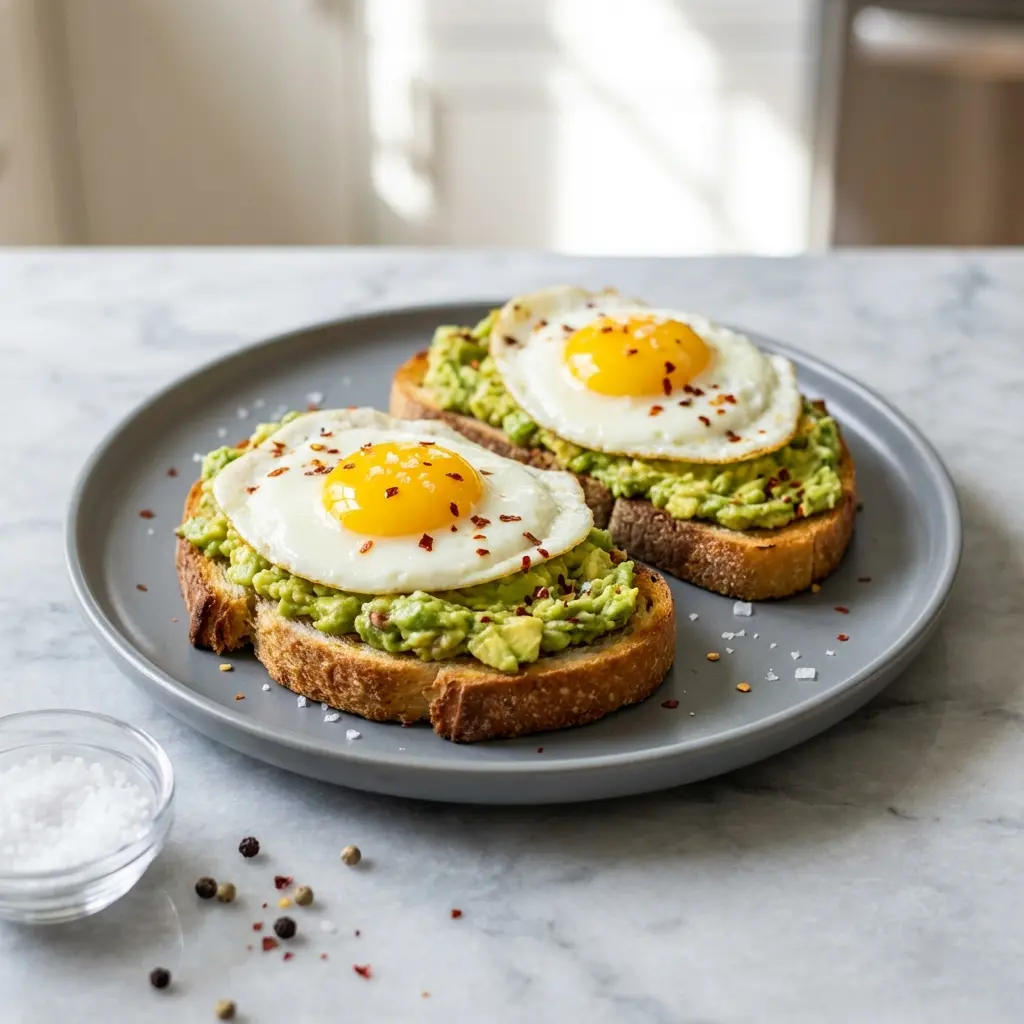 A close-up shot of high protein avocado egg toast on a gray plate, topped with a perfectly cooked sunny-side-up egg and red pepper flakes.