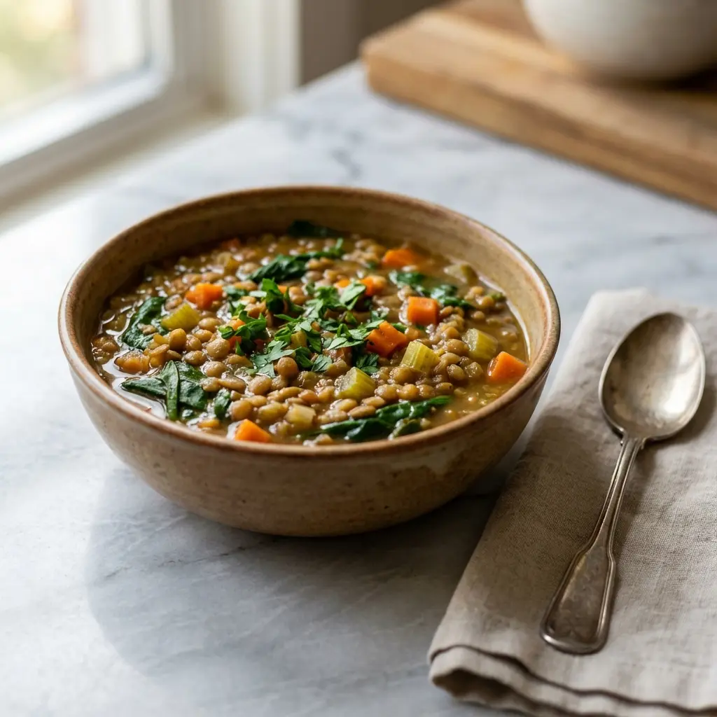 A rustic bowl of high protein lentil vegetable soup garnished with fresh parsley, sitting on a marble countertop.