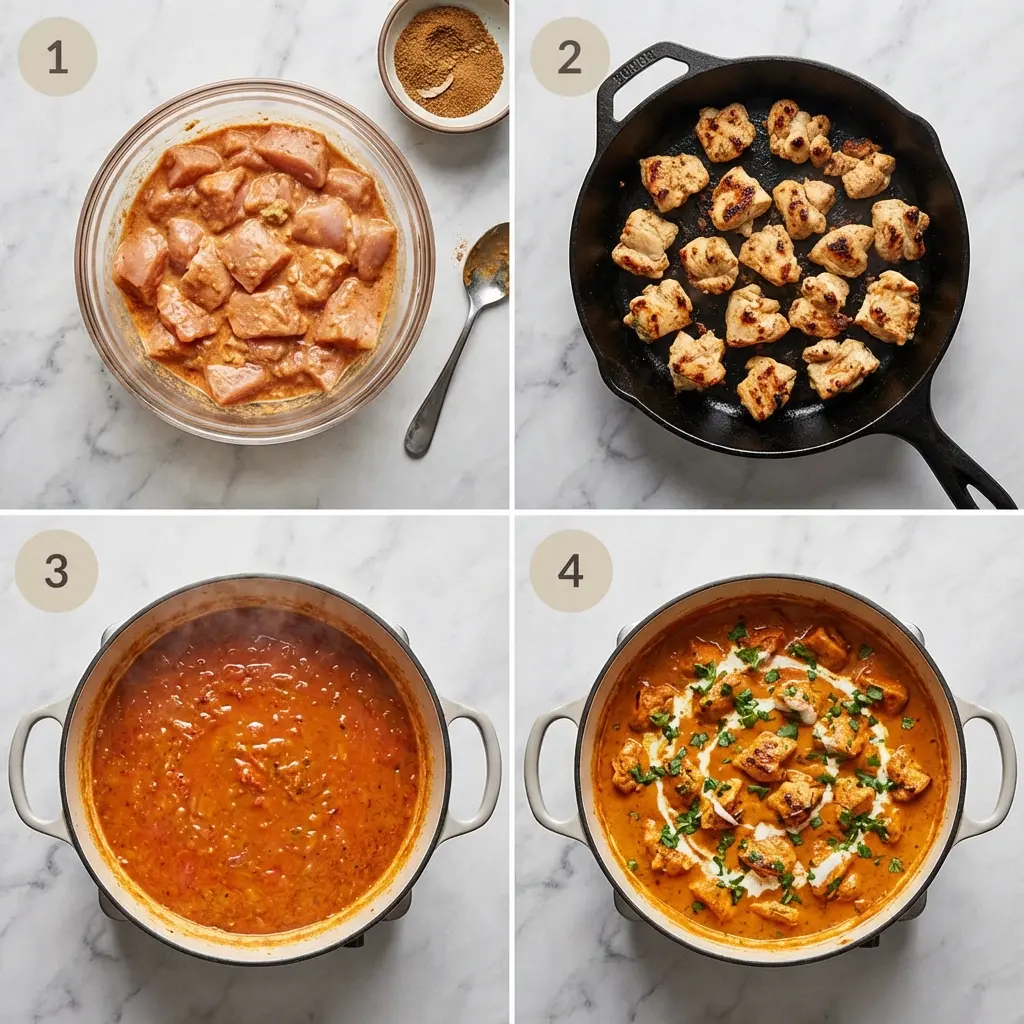 A 4-panel image showing the steps to make chicken tikka masala: marinating chicken, cooking chicken, making the sauce, and combining.