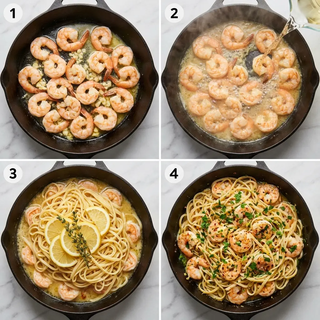 A four-panel image showing the steps of making lemon garlic butter shrimp pasta.