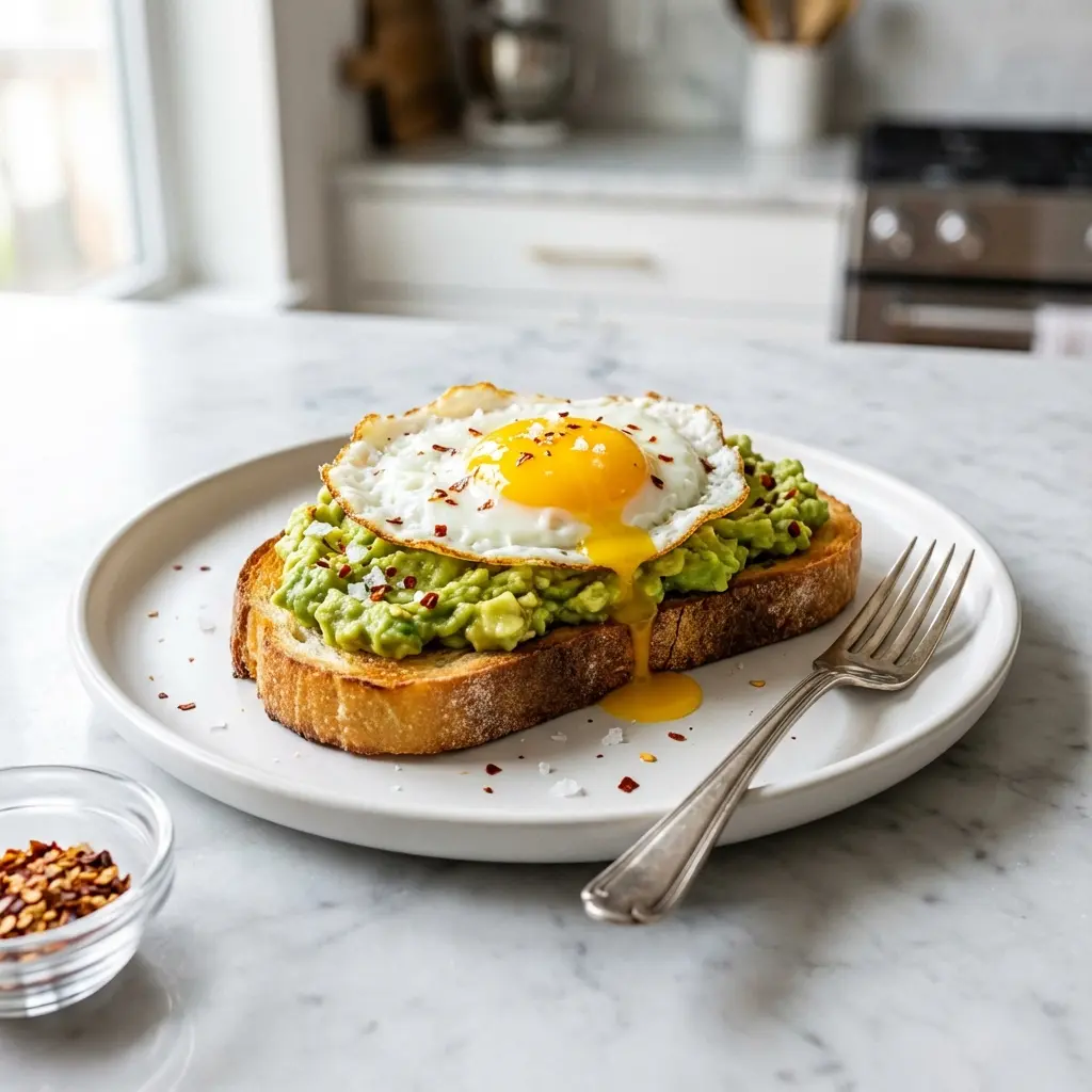 A close-up, dynamic shot of sourdough avocado toast with a perfectly fried egg on a white plate.