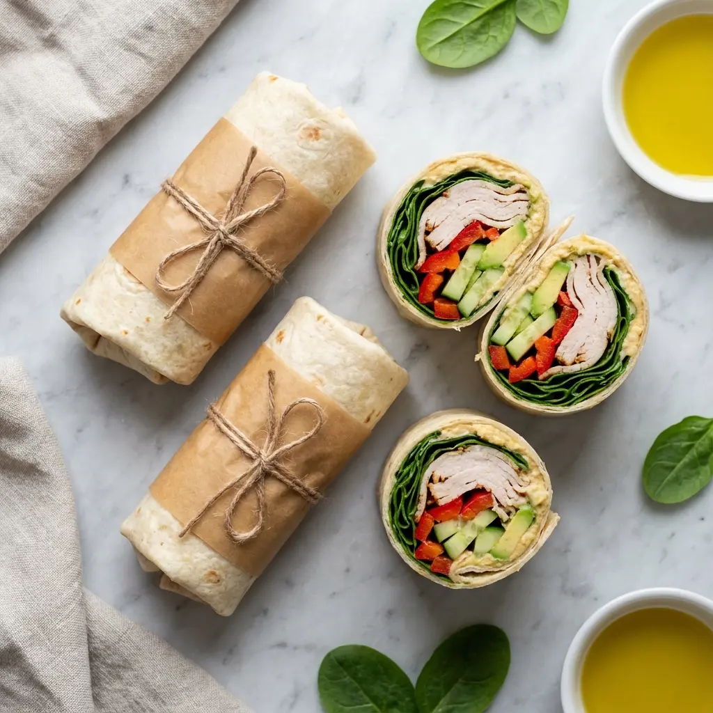An overhead flat lay of four prepared turkey hummus wraps, two sliced to show the inside.