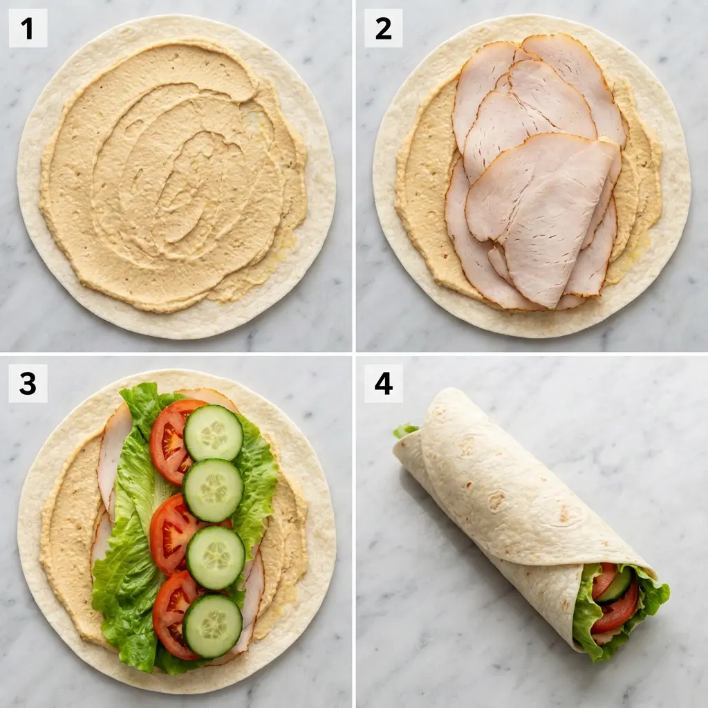 A four-step visual guide showing how to assemble a turkey hummus wrap.