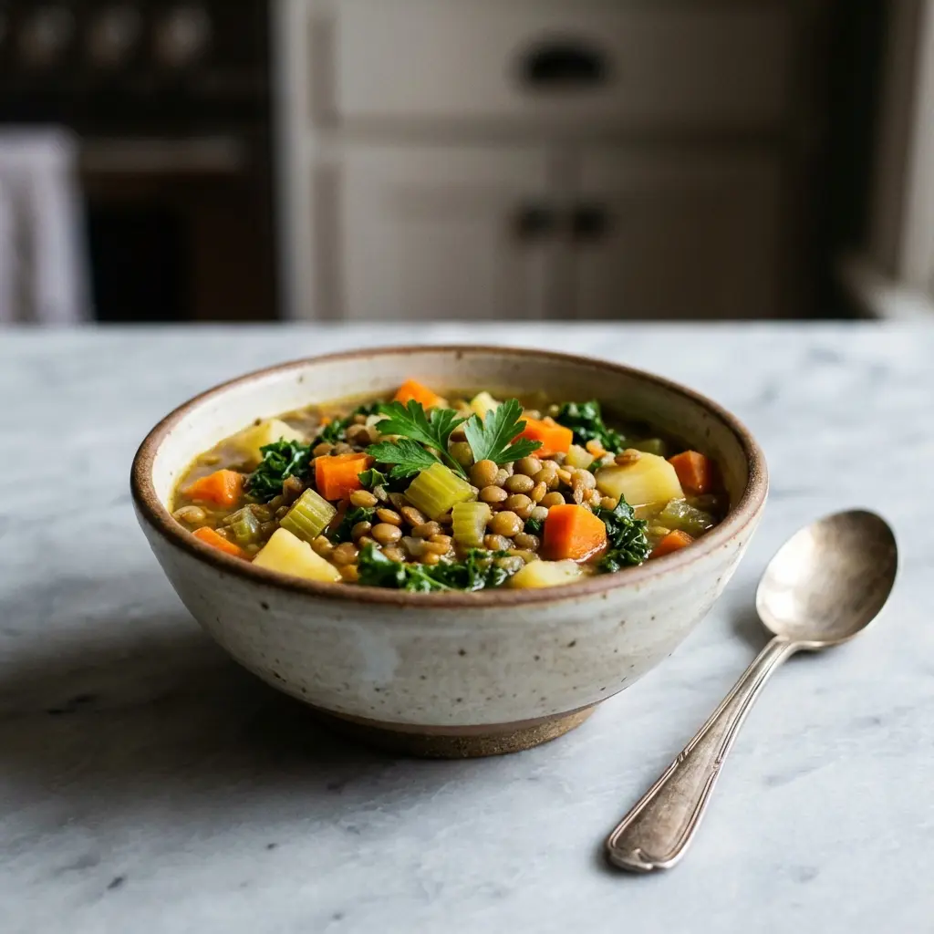 A rustic bowl of hearty vegan lentil vegetable soup, garnished with fresh parsley, sitting on a marble countertop.