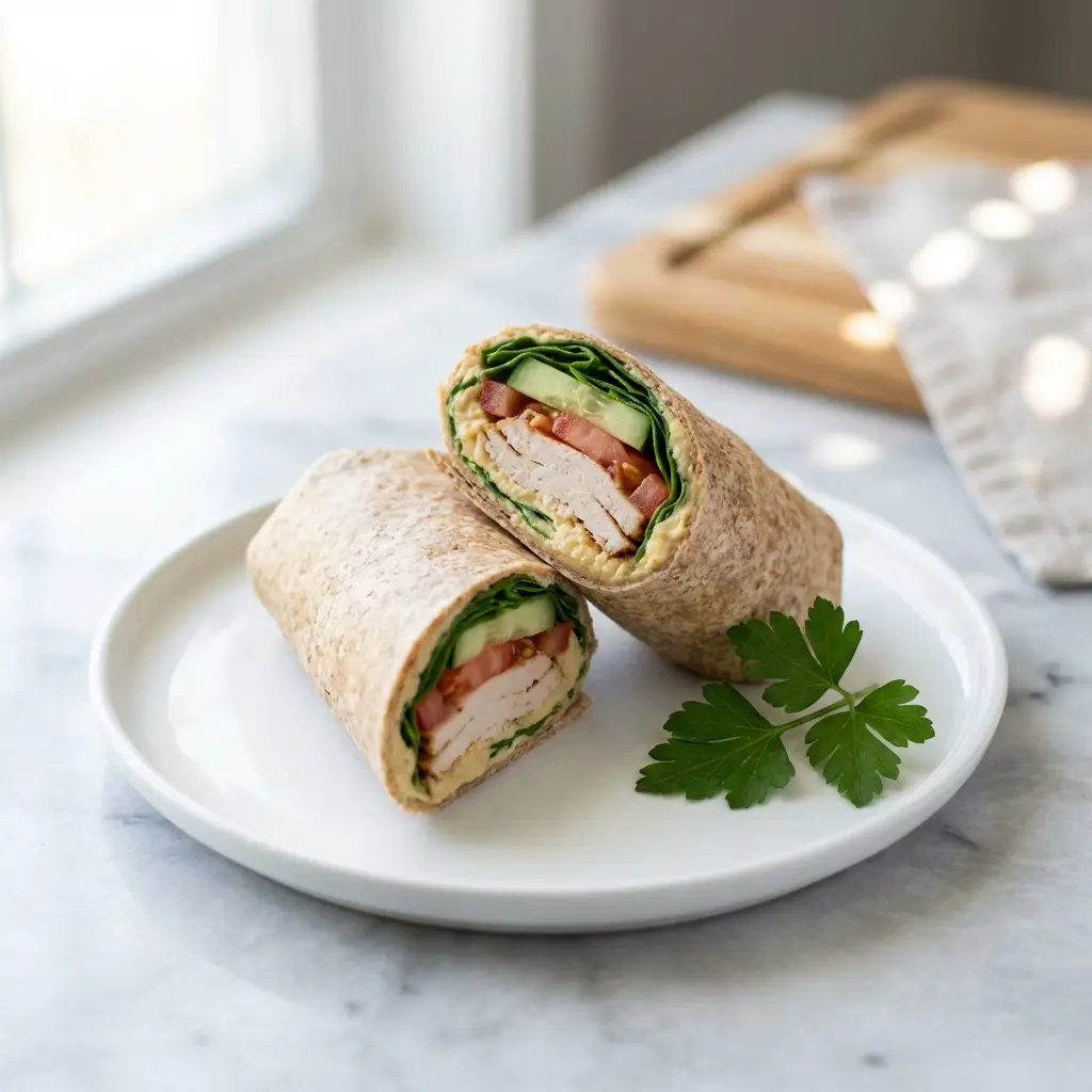 A healthy whole wheat turkey hummus wrap sliced in half, showing fresh fillings of spinach, tomato, and cucumber.