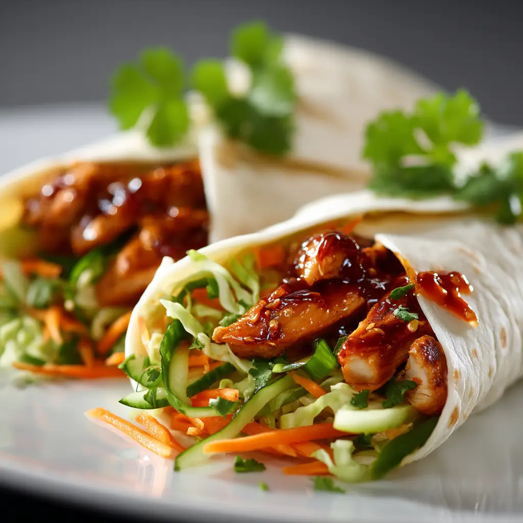 Sweet Chili Chicken Wraps (Quick & Easy Recipe) 1 A fresh and vibrant image of two assembled sweet chili chicken wraps before being sliced, showcasing the soft tortilla and fillings.