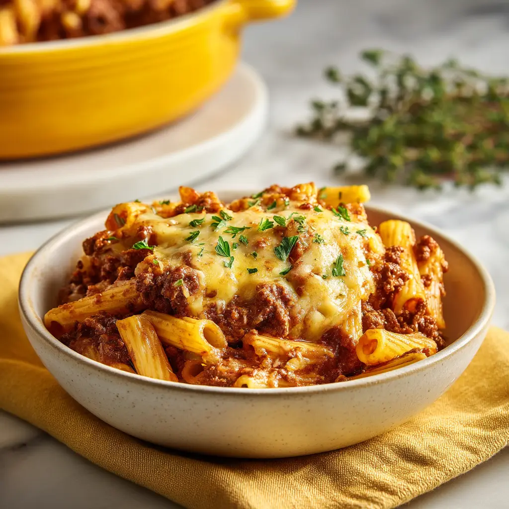 Ground Beef Casserole: The Ultimate Cheesy Comfort Meal 2 A close-up shot of the baked ground beef casserole, showing the melted golden-brown cheese topping and pasta.