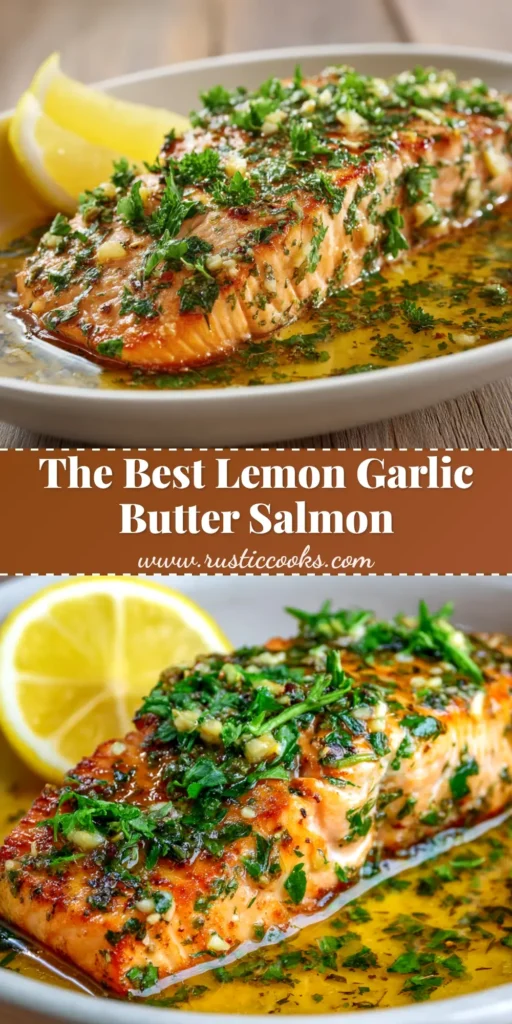 Baked Lemon Garlic Butter Salmon (The BEST Recipe!) 3 A stunning overhead shot of Baked Lemon Garlic Butter Salmon on a platter, garnished with fresh parsley and lemon slices.