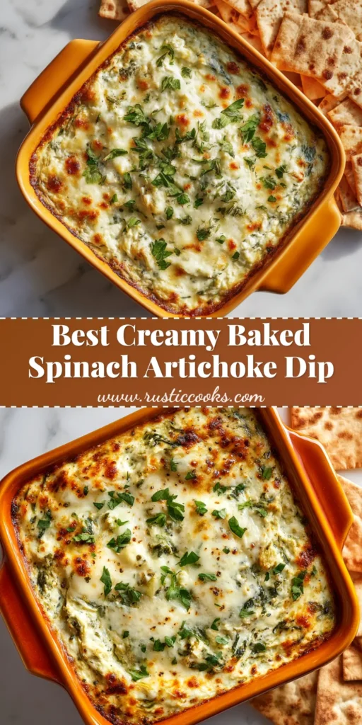 A delicious, hot baked spinach artichoke dip in a white baking dish, surrounded by tortilla chips for dipping. The ultimate party appetizer.