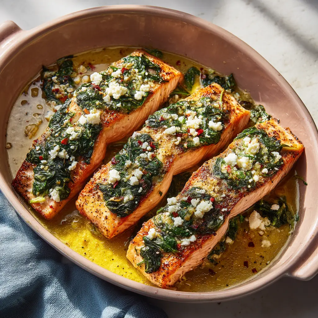 An overhead shot of four baked stuffed salmon fillets on a baking sheet, showcasing the golden tops and creamy spinach filling.