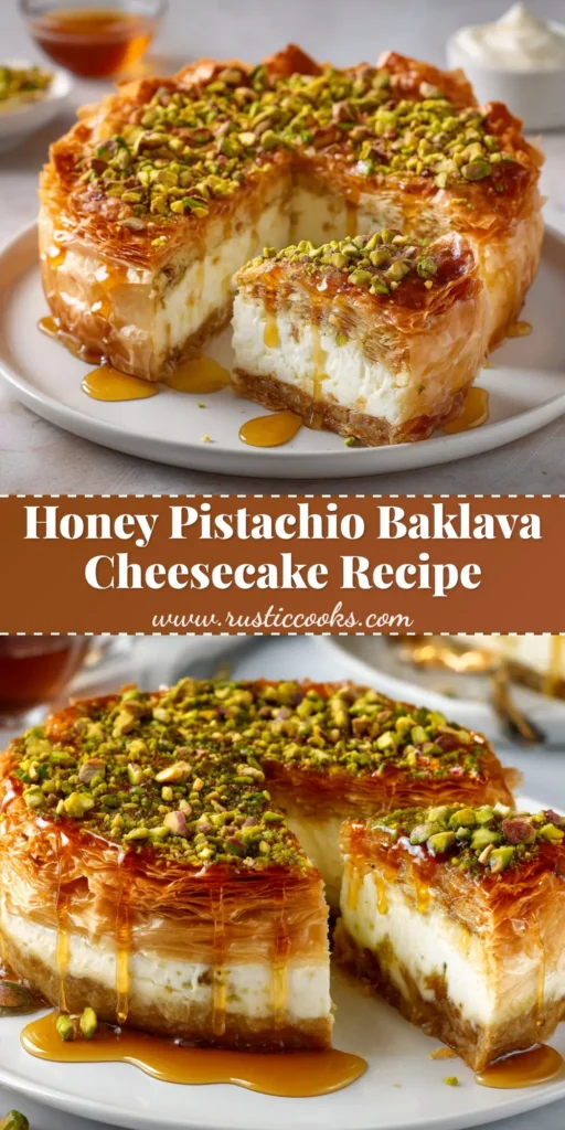 Baklava Cheesecake: The Ultimate Guide to a Stunning Dessert 4 A stunning slice of Baklava Cheesecake on a white plate, showing the creamy cheesecake filling and flaky phyllo crust, drizzled with honey syrup and topped with chopped pistachios.