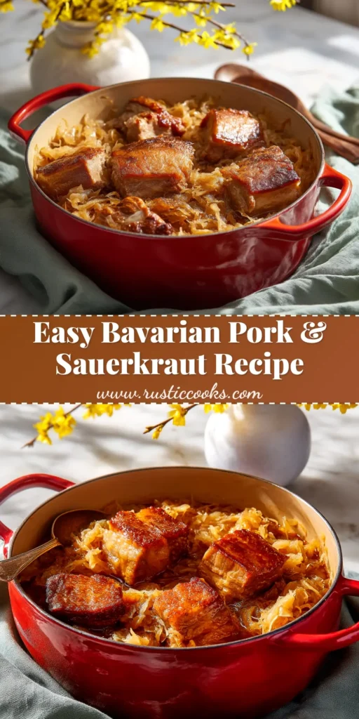 A delicious platter of Bavarian Pork and Sauerkraut, ready to be served. The tender shredded pork is mixed with sauerkraut in a savory sauce.
