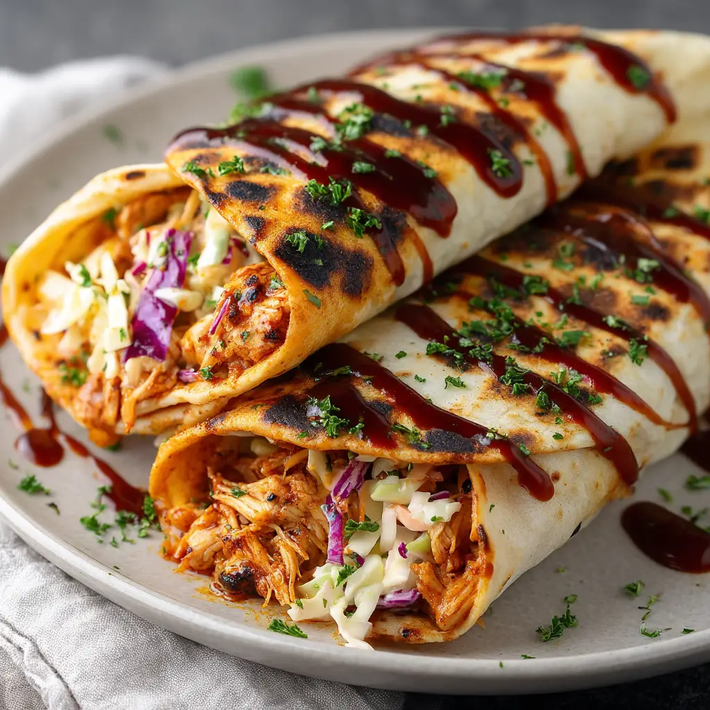 BBQ Chicken Coleslaw Wraps (Quick & Easy Recipe!) 2 A close-up shot of two assembled BBQ chicken wraps with coleslaw, highlighting the texture of the shredded chicken and crisp slaw.