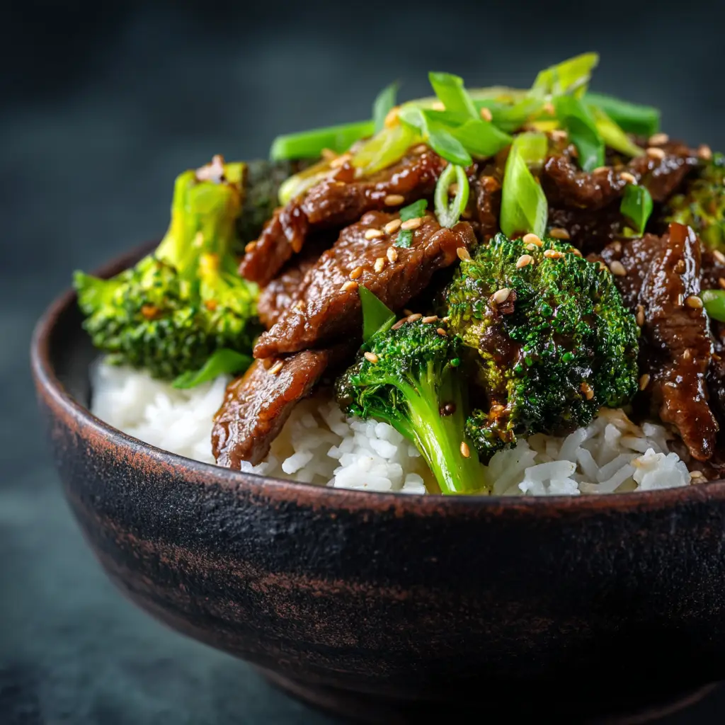 A detailed close-up of tender beef slices and crisp broccoli florets being stir-fried in a wok. The sauce is bubbling around the ingredients.