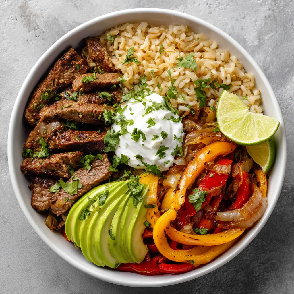 Steak Fajita Power Bowls: Your Ultimate Healthy Meal Prep 2 An overhead shot of a beef fajita bowl with perfectly seared steak, sauteed onions and peppers, and a scoop of guacamole.