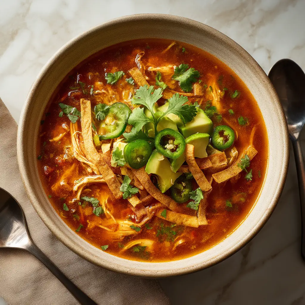 An overhead shot of a pot of the best chicken tortilla soup simmering on a stovetop, with rich broth and chunks of chicken and vegetables visible.