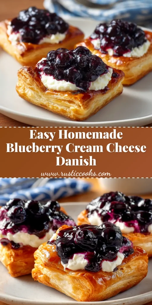 An overhead shot of homemade blueberry cream cheese danishes on a wire rack. This easy blueberry cream cheese danish recipe uses puff pastry for a flaky, golden-brown finish.