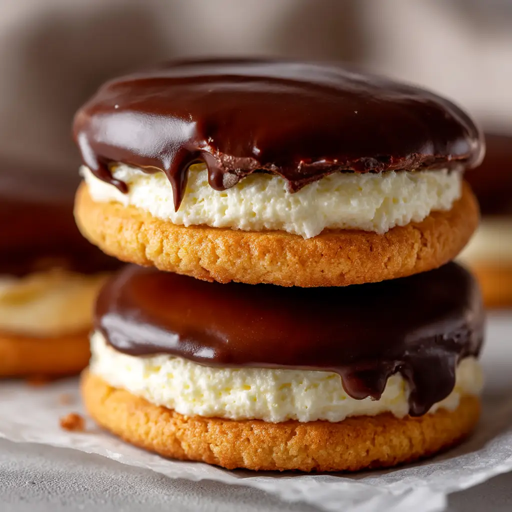 An extreme close-up of a stack of three homemade Boston Cream Pie Cookies, showing the rich texture of the pastry cream filling and chocolate ganache.