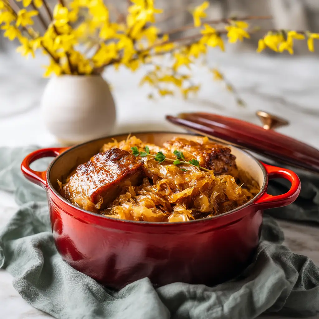 A close-up shot of the braised German pork roast with sauerkraut in a rustic pot. The pork is tender and juicy.