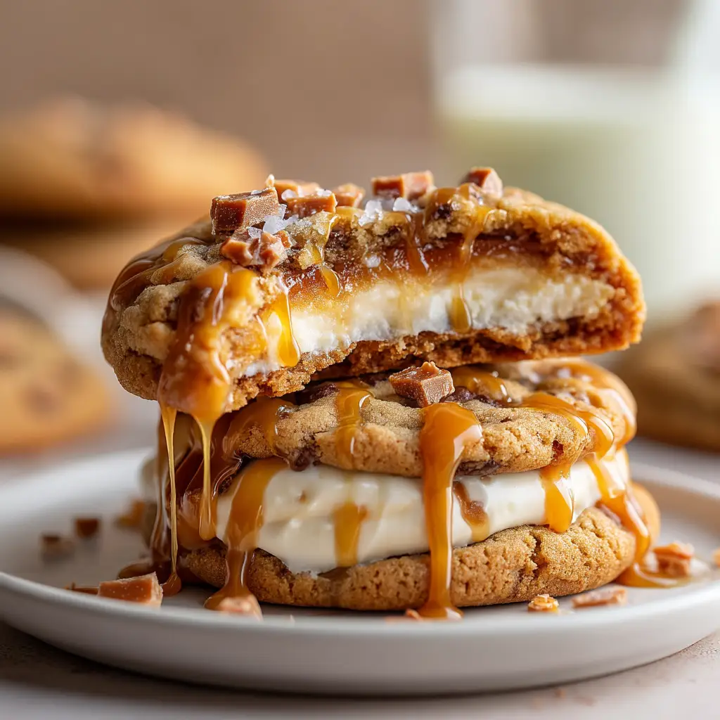 An extreme close-up shot of a warm, golden-brown caramel cheesecake cookie, highlighting the texture of the cookie and the melted caramel on top.