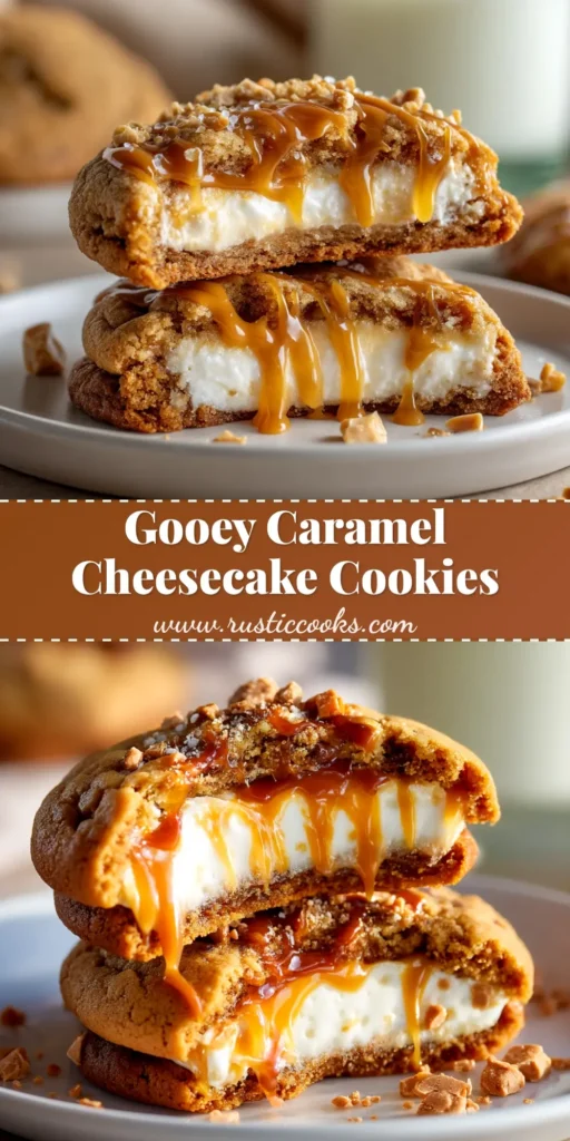 A stack of gooey caramel cheesecake cookies on a plate, with one cookie broken in half to show the creamy cheesecake filling and a caramel drizzle on top.