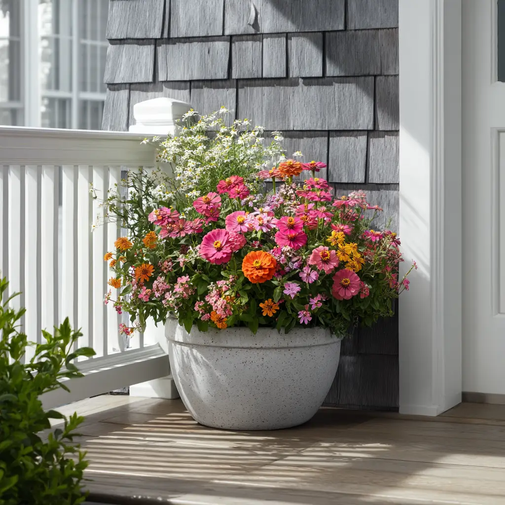 Container Gardening: A Beginner's Ultimate Guide to Thriving Plants 1 A healthy container garden with rich, dark potting mix visible, illustrating proper care and watering for container plants. The leaves are green and well-hydrated.