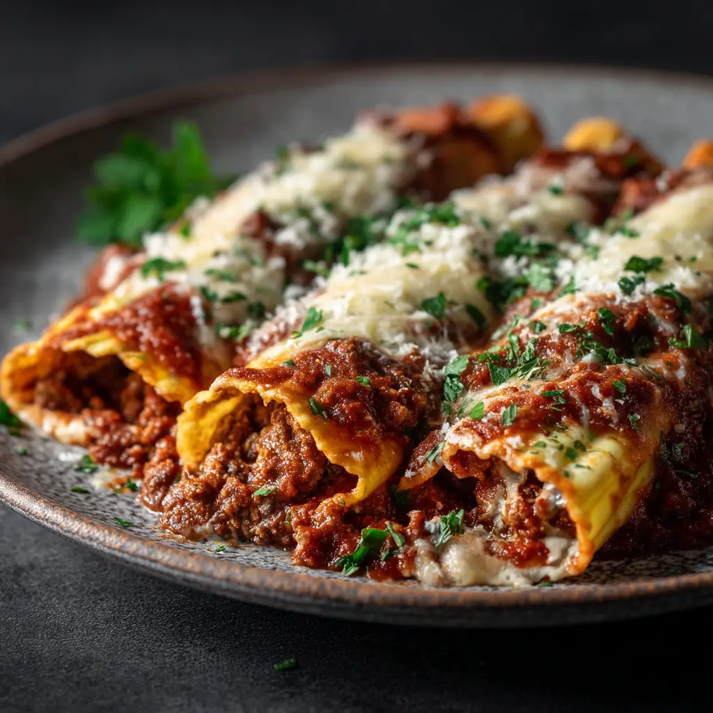 Stuffed Manicotti: The Ultimate Guide to a Classic Italian Dinner 2 A close-up of a single serving of cheese Stuffed Manicotti on a white plate, showing the creamy ricotta filling and rich marinara sauce.