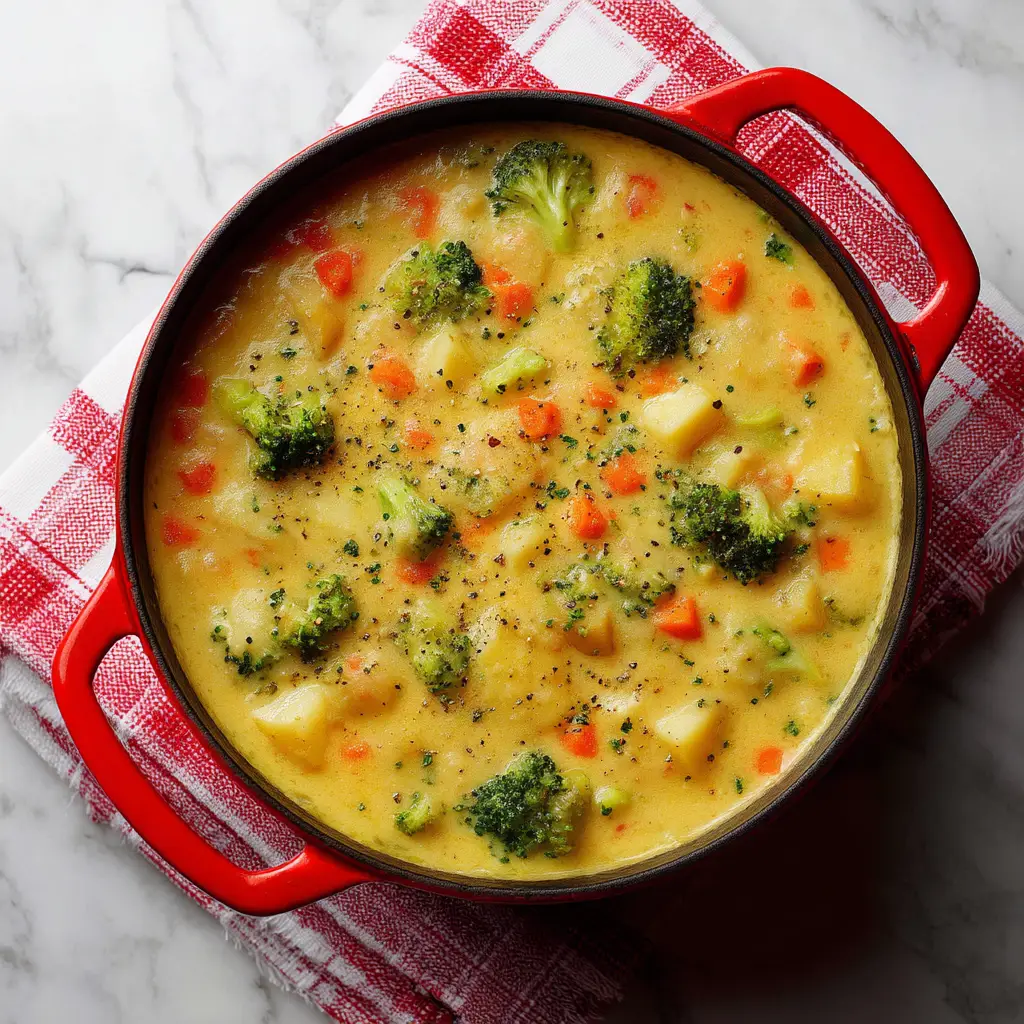 A spoonful of cheesy broccoli potato soup being lifted from a bowl, showcasing the melted cheese and tender vegetables.