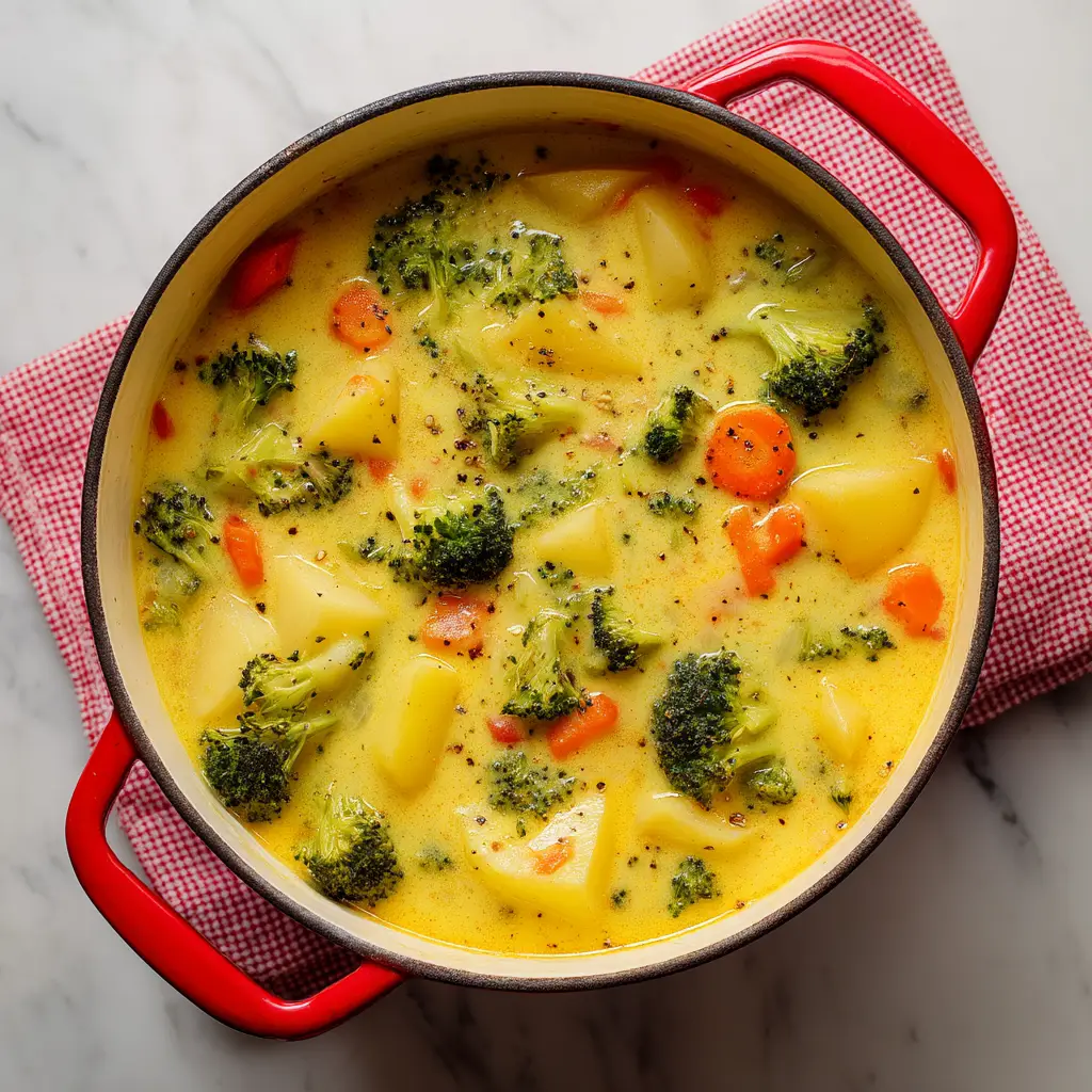 Cheesy Broccoli Potato Soup (The Ultimate Comfort Recipe) 1 A step-by-step image showing ingredients for broccoli cheddar soup, including potatoes, broccoli, and a block of cheddar cheese ready to be grated.