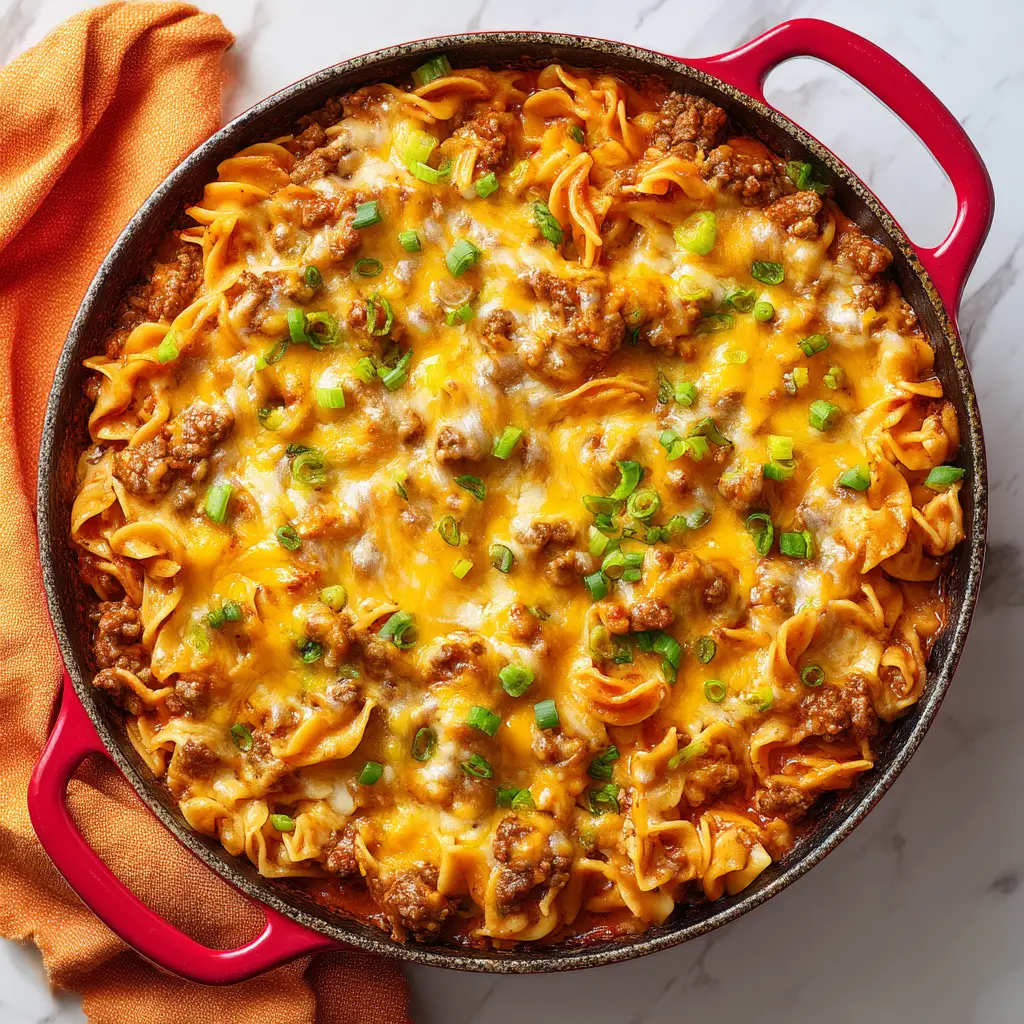 A close-up scoop of hearty ground beef noodle bake on a spatula, showing the layers of pasta, meat sauce, and melted cheese.
