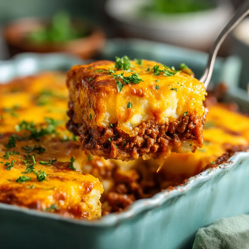 Ground Beef and Potato Casserole (The Ultimate Comfort Food) 2 A close-up shot of the cheesy, bubbly topping of the ground beef and potato bake fresh out of the oven.