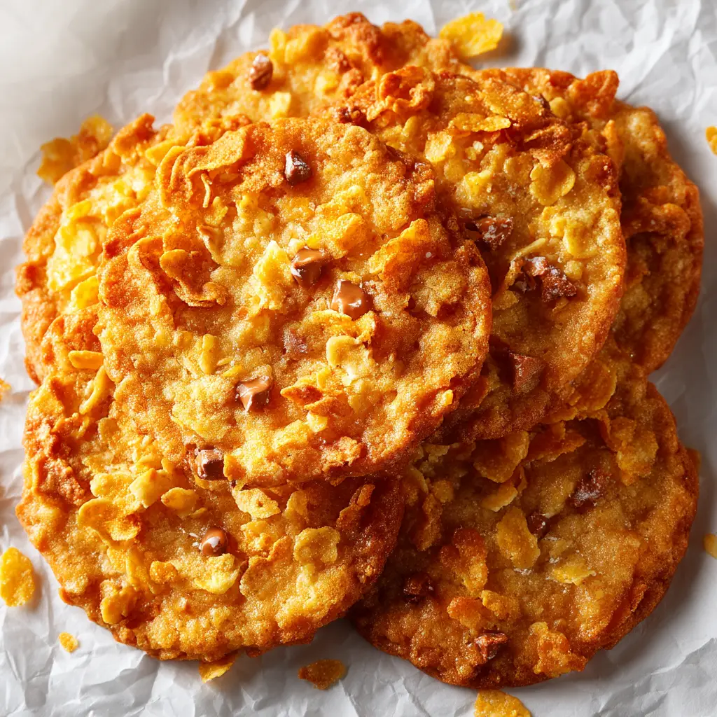 Cornflake Toffee Cookies: The Ultimate Chewy & Crunchy Treat 2 A top-down macro shot of freshly made chewy cornflake cookies, with the buttery toffee glistening under the light.