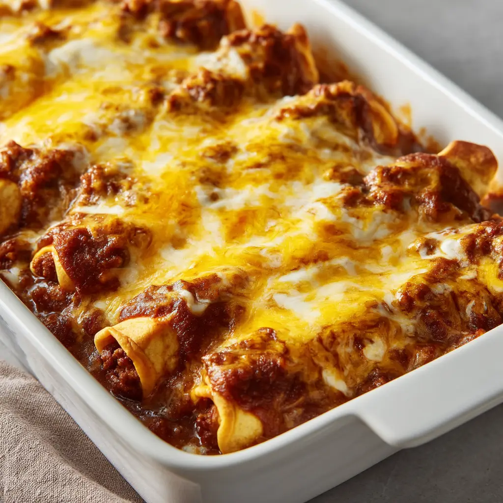 A close-up high-angle shot of a serving of chili cheese dog bake on a plate, showing the layers of hot dogs, chili, and cheesy topping.