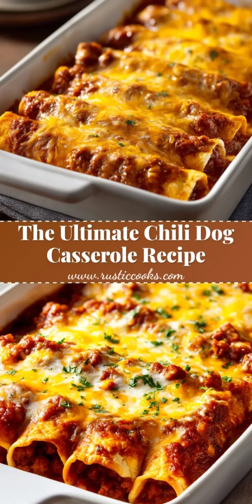 Chili Dog Casserole: The Ultimate Easy Comfort Food 3 A delicious and easy Chili Dog Casserole in a white baking dish, topped with golden-brown crescent dough and melted cheddar cheese.