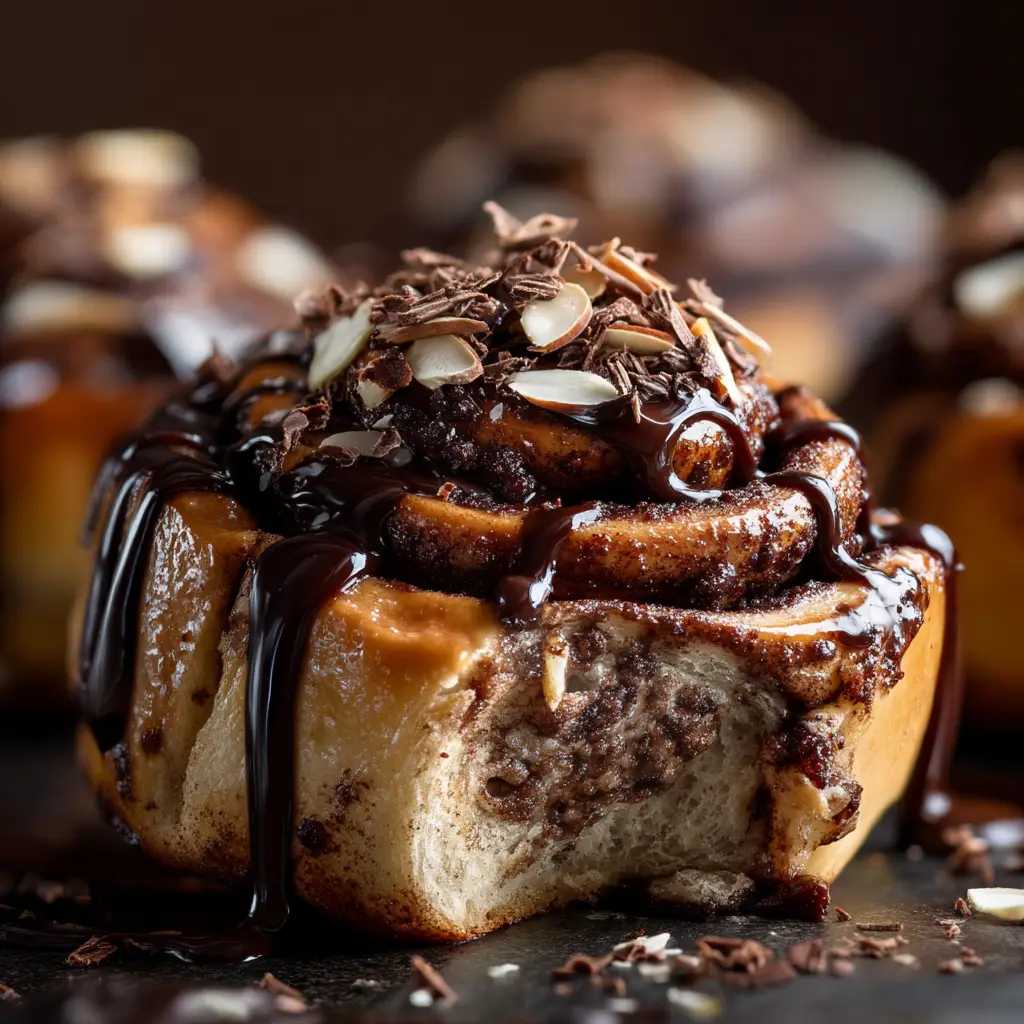 An extreme close-up of a chocolate sweet roll, showing the soft cocoa-infused dough and the rich, melted chocolate-cinnamon filling.