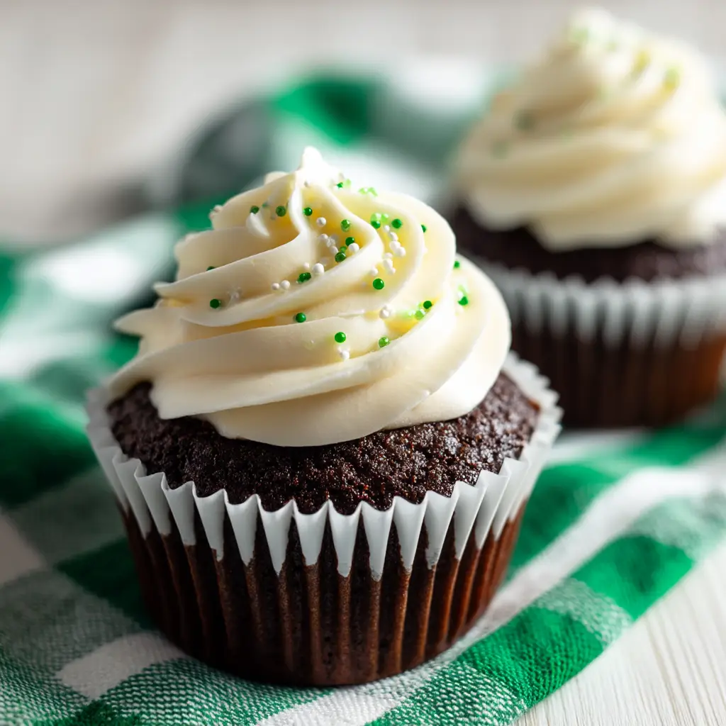 Two rich dark chocolate Guinness cupcakes shown before frosting, highlighting their moist and fluffy crumb.