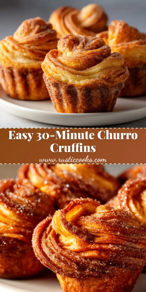 Churro Cruffins: The Ultimate Croissant Muffin Treat 4 A tall pin image showing a stack of delicious homemade Churro Cruffins coated in cinnamon sugar, with text overlay for Pinterest.
