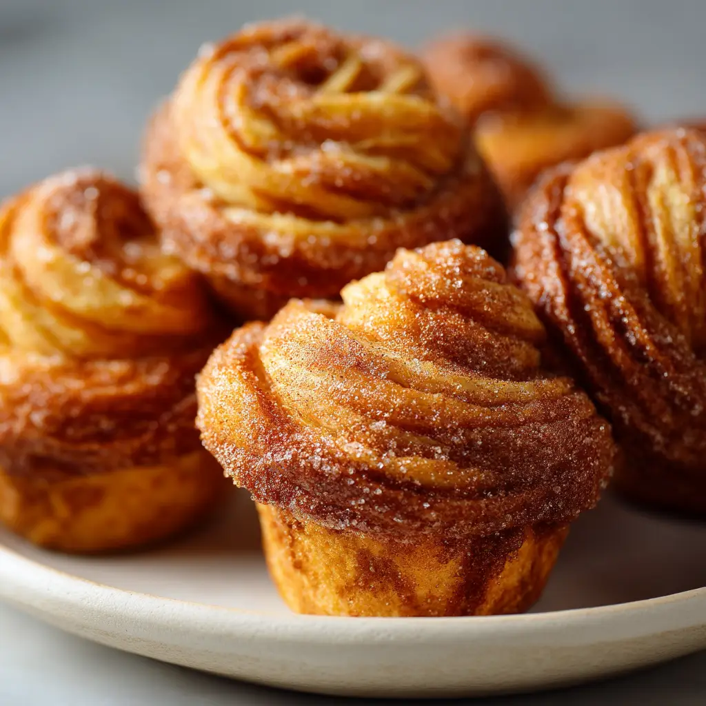 Churro Cruffins: The Ultimate Croissant Muffin Treat 1 A batch of cinnamon sugar cruffins cooling on a wire rack, with one broken open to reveal the soft, airy interior.