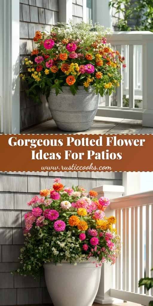 Container Gardening: A Beginner's Ultimate Guide to Thriving Plants 3 An overhead view of a beautiful container gardening setup, with various plants like herbs and flowers growing in stylish pots on a patio. The image showcases a successful small-space garden.