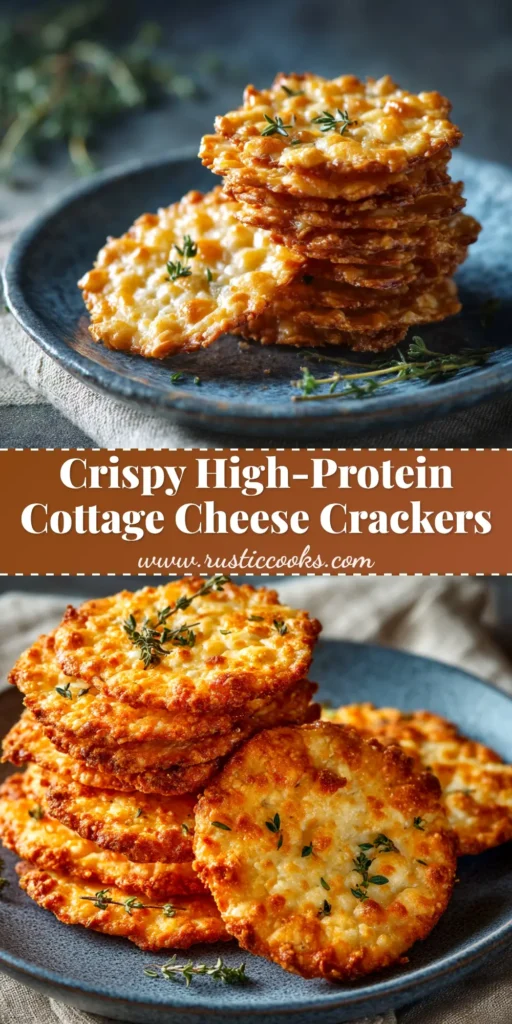 A close-up shot of crispy, golden brown cottage cheese crackers arranged neatly in a bowl, with text overlay for Pinterest.