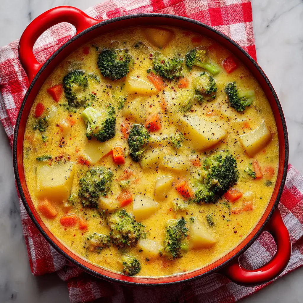 A close-up shot showing the thick, creamy texture of the broccoli potato soup, with visible chunks of potato and broccoli.