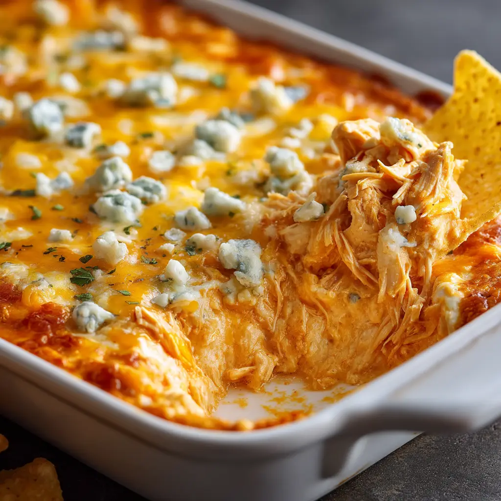 A close-up hero shot of hot, bubbly buffalo chicken dip fresh out of the oven in a cast-iron skillet, showing its creamy texture.